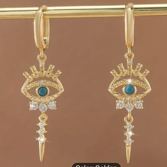 Gold and Turquoise Evil Eye Drop Earrings - Picture 4 of 4